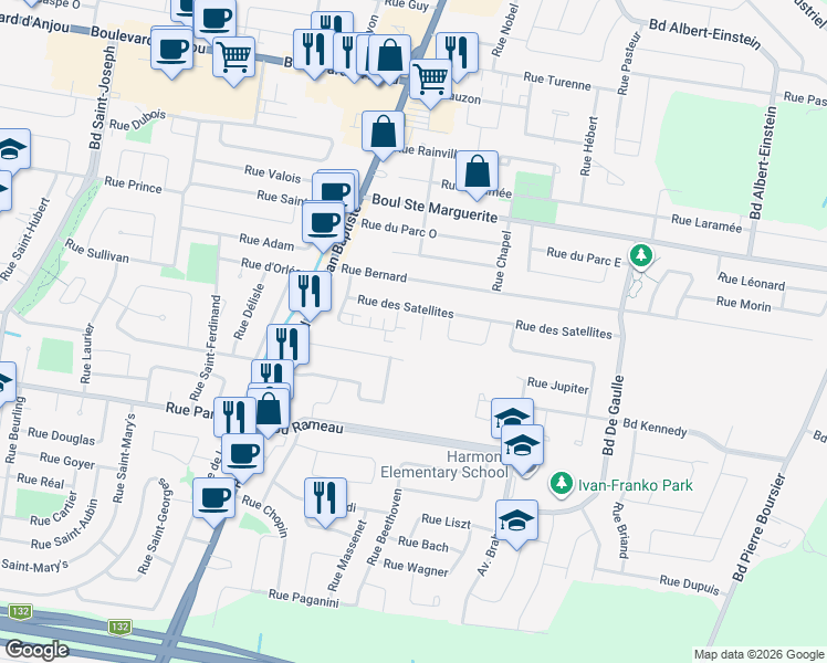 map of restaurants, bars, coffee shops, grocery stores, and more near 16 Place de la Comète in Châteauguay