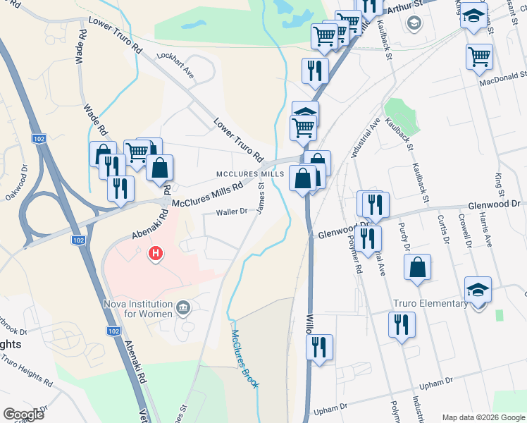 map of restaurants, bars, coffee shops, grocery stores, and more near 57 James Street in Truro