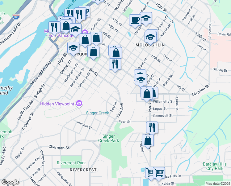 map of restaurants, bars, coffee shops, grocery stores, and more near 412 Jackson Street in Oregon City