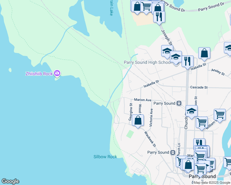 map of restaurants, bars, coffee shops, grocery stores, and more near 11C Salt Dock Road in Parry Sound