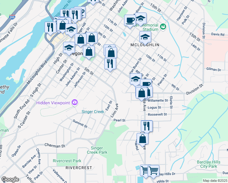 map of restaurants, bars, coffee shops, grocery stores, and more near Linn Ave & 5th St in Oregon City