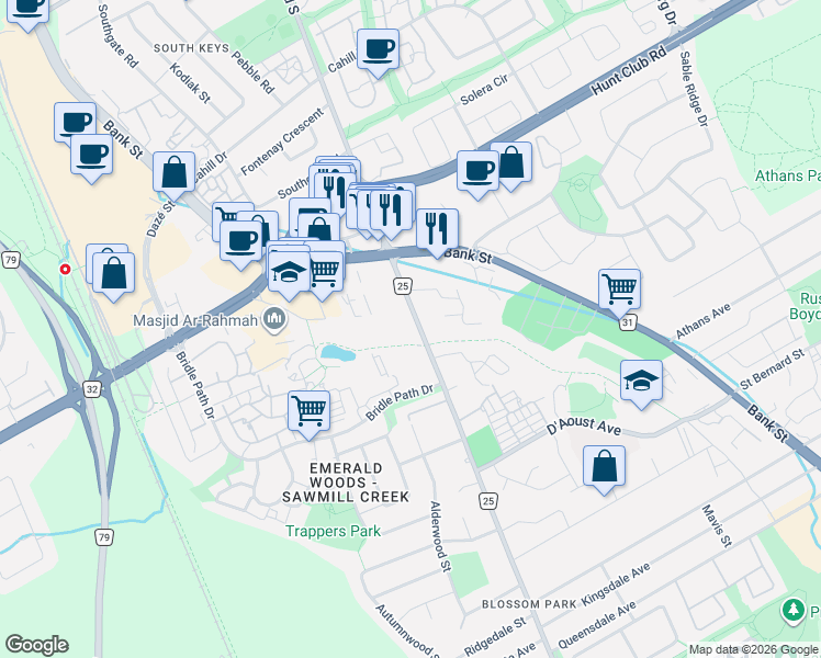 map of restaurants, bars, coffee shops, grocery stores, and more near 3573 Albion Road South in Ottawa