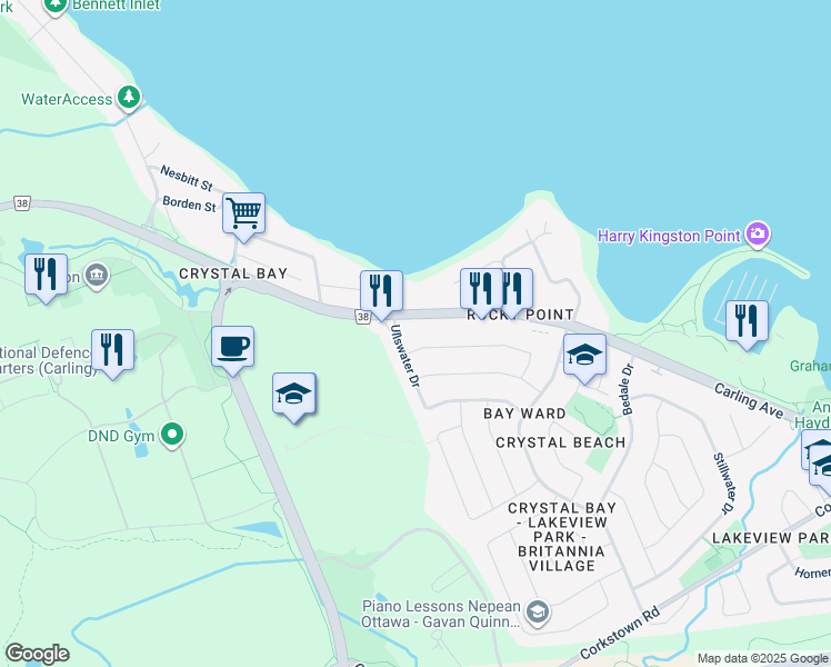 map of restaurants, bars, coffee shops, grocery stores, and more near 1 Ullswater Drive in Ottawa