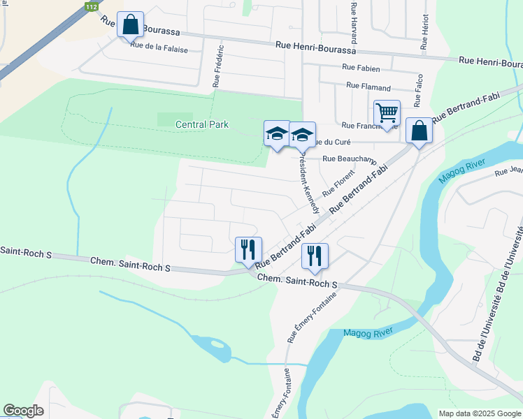 map of restaurants, bars, coffee shops, grocery stores, and more near Rue Bastien in Sherbrooke
