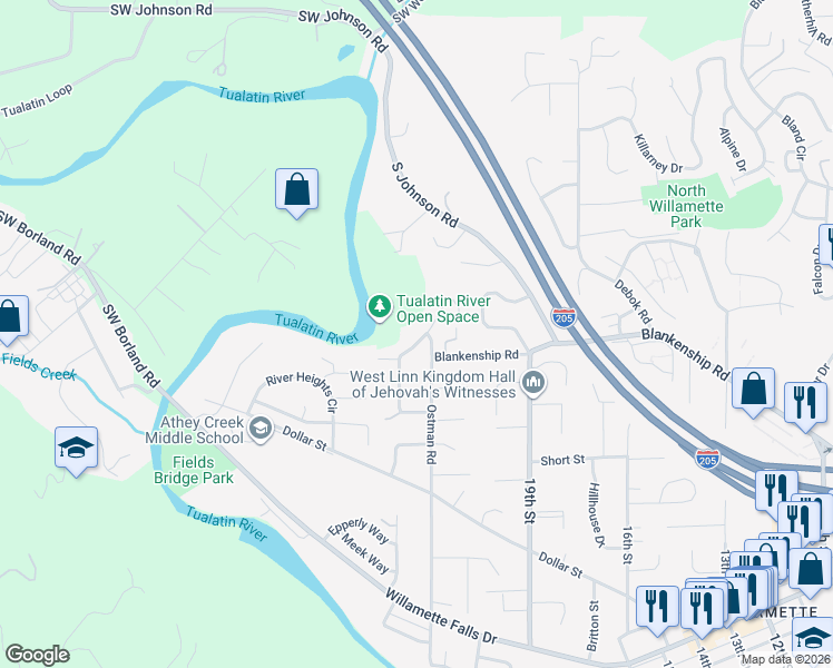 map of restaurants, bars, coffee shops, grocery stores, and more near 2370 Michael Drive in West Linn