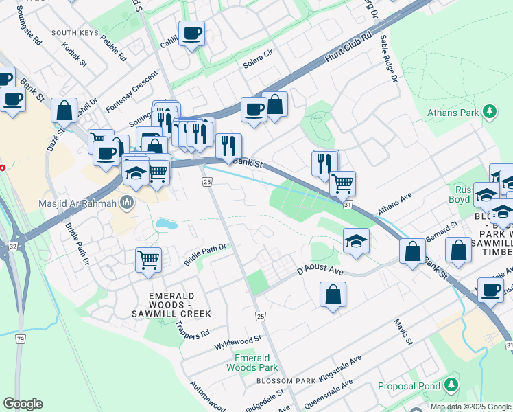 map of restaurants, bars, coffee shops, grocery stores, and more near 2899 Des Mesanges Drive in Ottawa