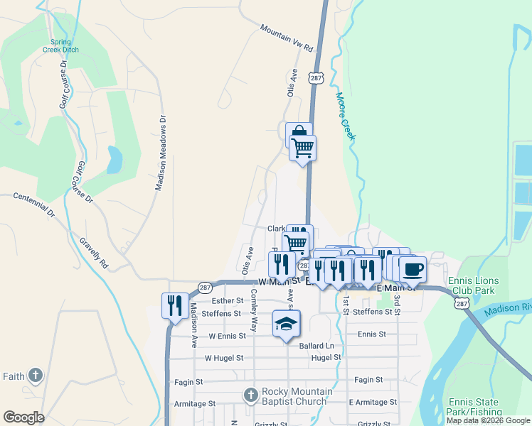 map of restaurants, bars, coffee shops, grocery stores, and more near 384 Otis Avenue in Ennis