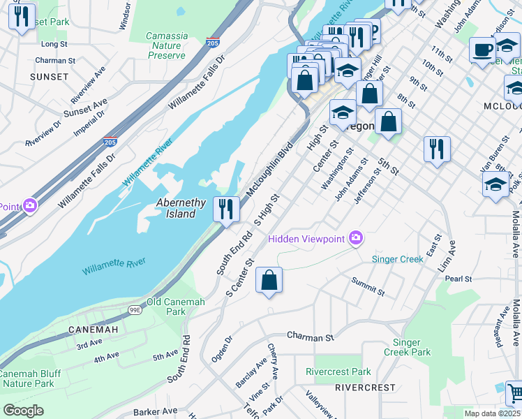 map of restaurants, bars, coffee shops, grocery stores, and more near 211 Tumwater Drive in Oregon City