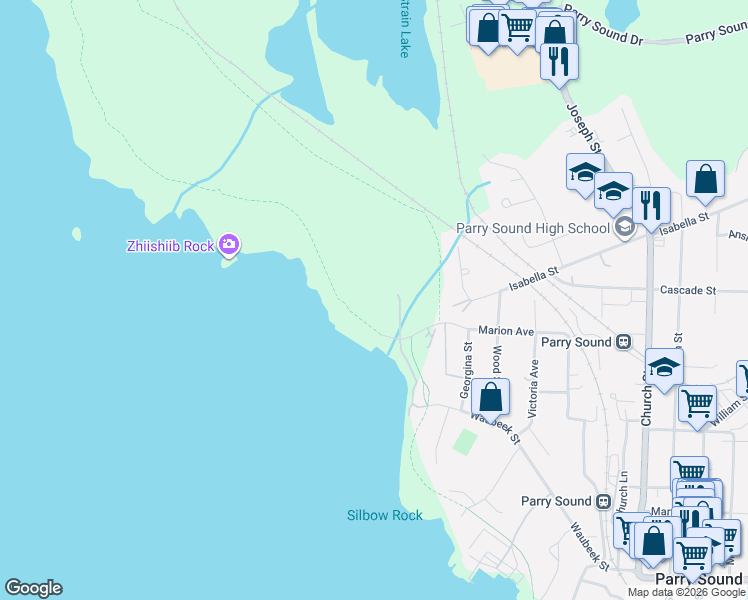 map of restaurants, bars, coffee shops, grocery stores, and more near 11A Salt Dock Road in Parry Sound