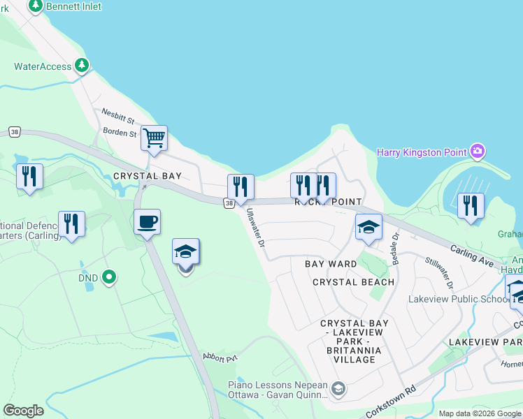 map of restaurants, bars, coffee shops, grocery stores, and more near 3 Ullswater Drive in Ottawa