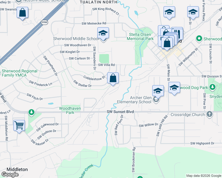map of restaurants, bars, coffee shops, grocery stores, and more near 16810 Southwest Stellar Drive in Sherwood