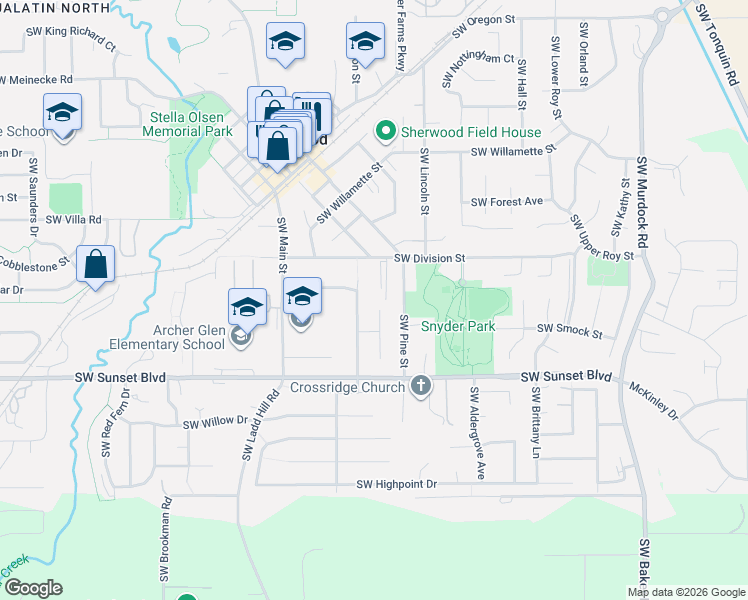 map of restaurants, bars, coffee shops, grocery stores, and more near 23209 Southwest Orchard Heights Place in Sherwood