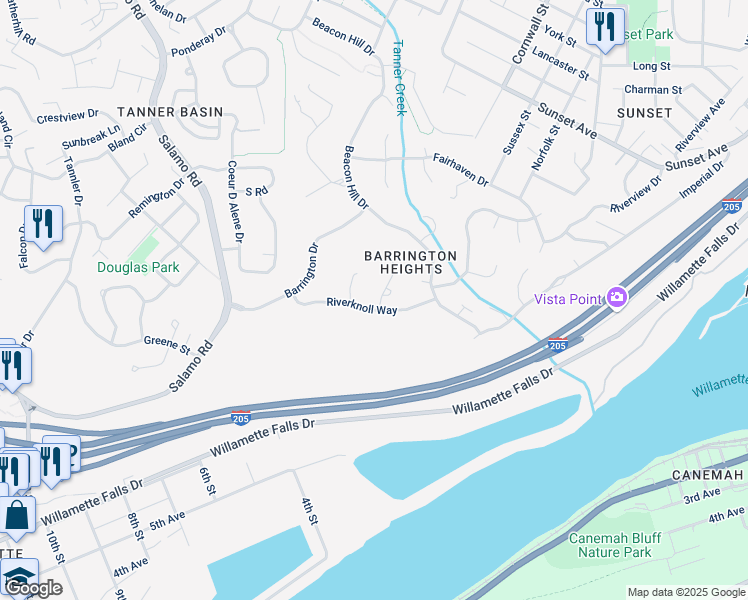 map of restaurants, bars, coffee shops, grocery stores, and more near 3485 Riverknoll Way in West Linn