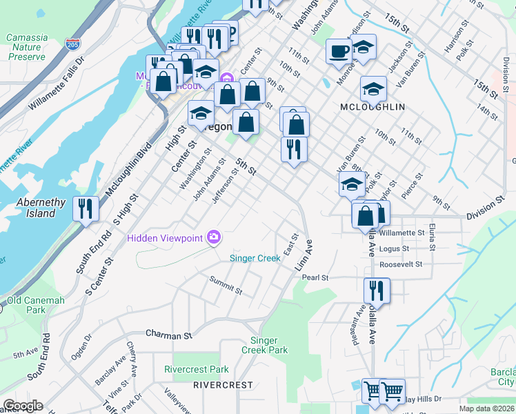 map of restaurants, bars, coffee shops, grocery stores, and more near 401 Monroe Street in Oregon City