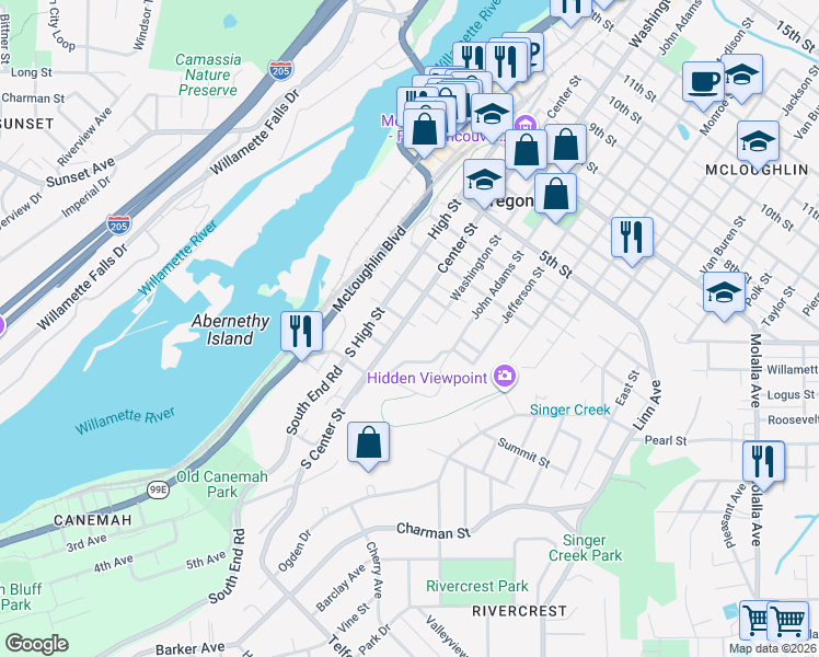 map of restaurants, bars, coffee shops, grocery stores, and more near 110 South Center Street in Oregon City