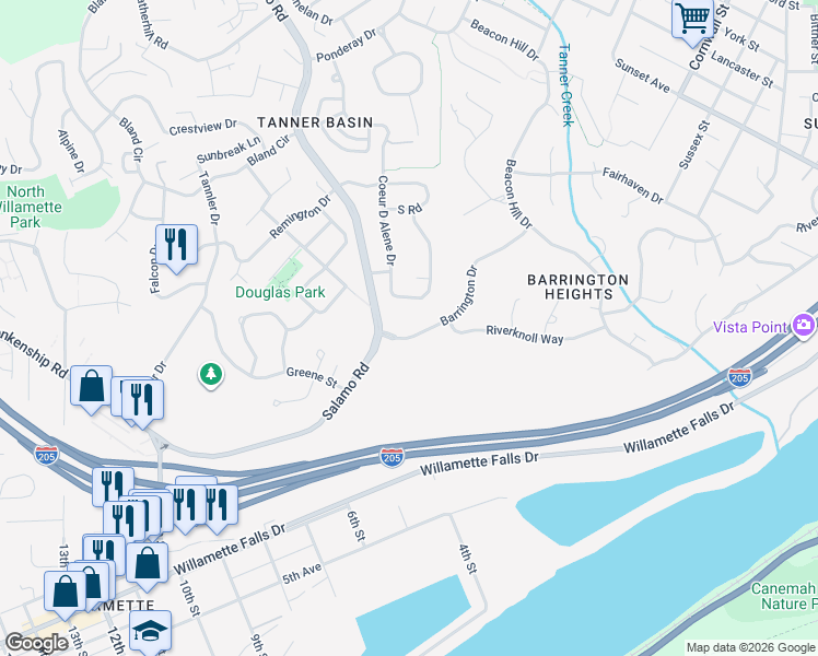 map of restaurants, bars, coffee shops, grocery stores, and more near 3345 Barrington Drive in West Linn