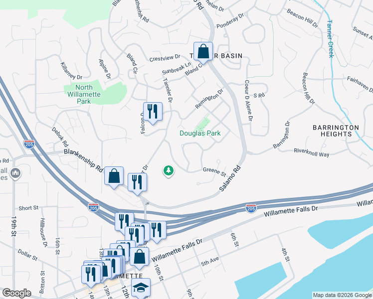 map of restaurants, bars, coffee shops, grocery stores, and more near 1826 Barnes Circle in West Linn
