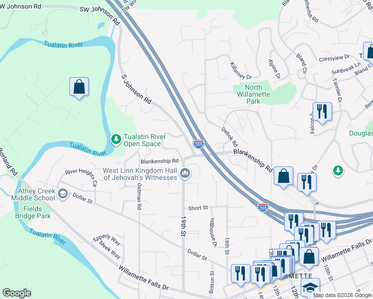 map of restaurants, bars, coffee shops, grocery stores, and more near 23835 Johnson Road in West Linn