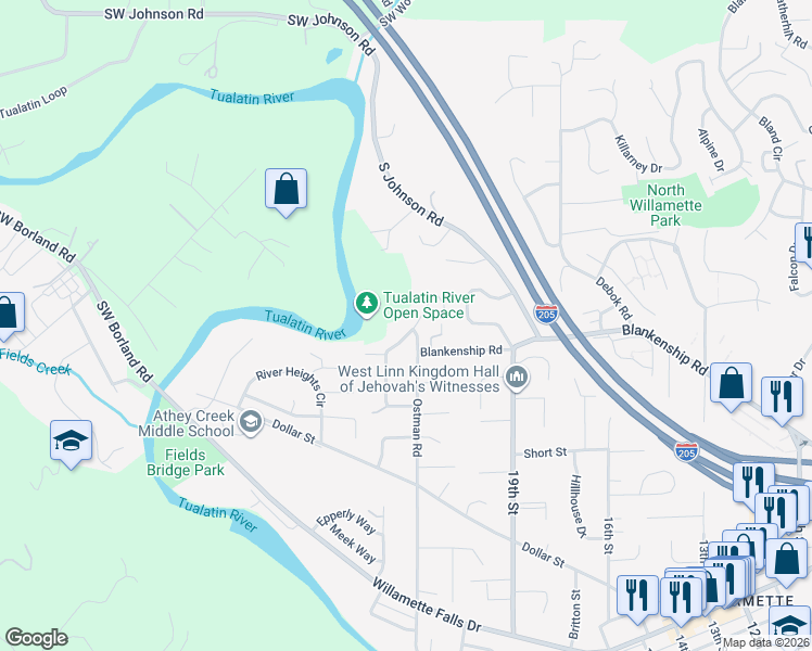 map of restaurants, bars, coffee shops, grocery stores, and more near 2410 Michael Drive in West Linn