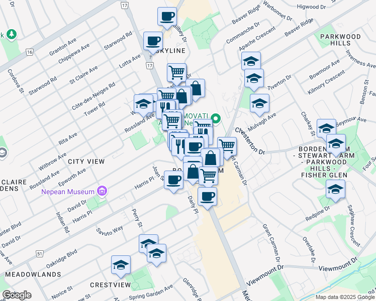 map of restaurants, bars, coffee shops, grocery stores, and more near in Ottawa