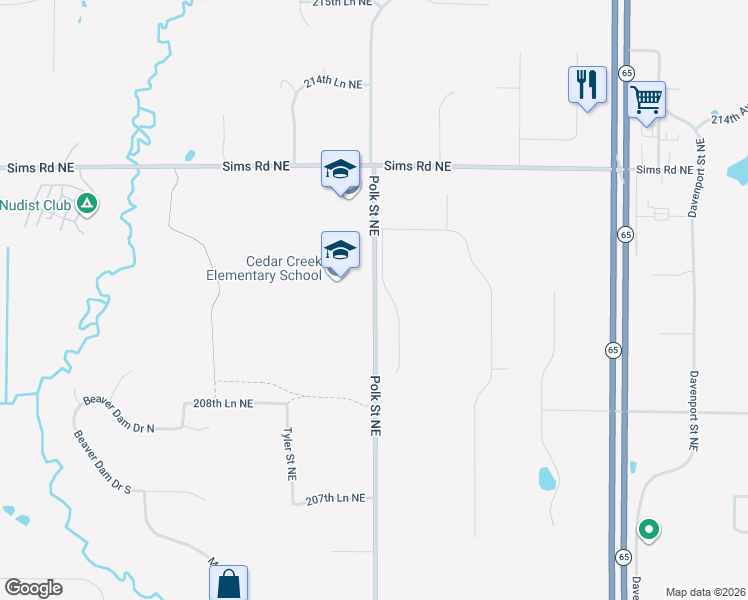 map of restaurants, bars, coffee shops, grocery stores, and more near 21108 Polk Street Northeast in East Bethel