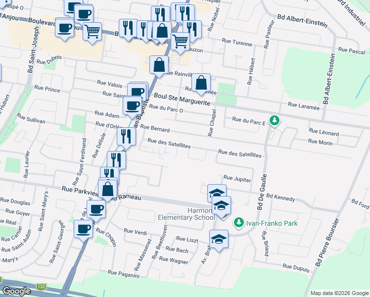 map of restaurants, bars, coffee shops, grocery stores, and more near 200 Rue des Satellites in Châteauguay