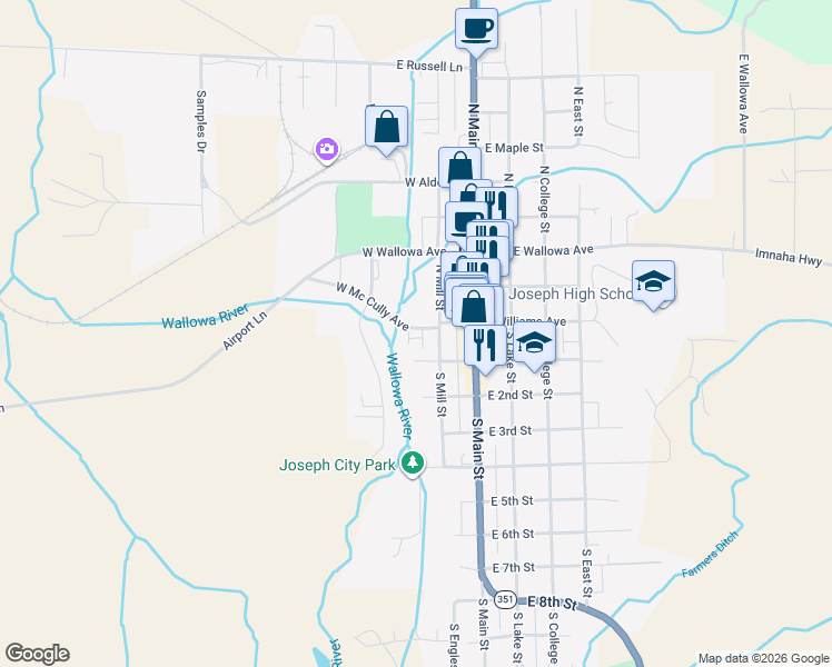 map of restaurants, bars, coffee shops, grocery stores, and more near 301 West McCully Drive in Joseph