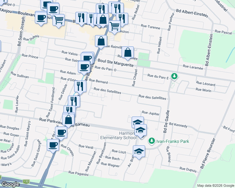 map of restaurants, bars, coffee shops, grocery stores, and more near 200 Rue des Satellites in Châteauguay