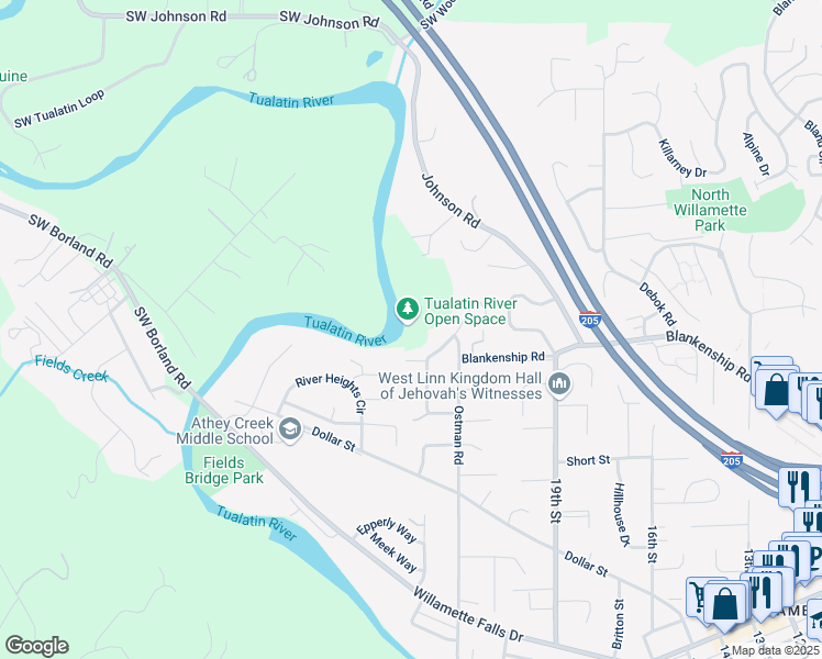 map of restaurants, bars, coffee shops, grocery stores, and more near 2414 Michael Drive in West Linn