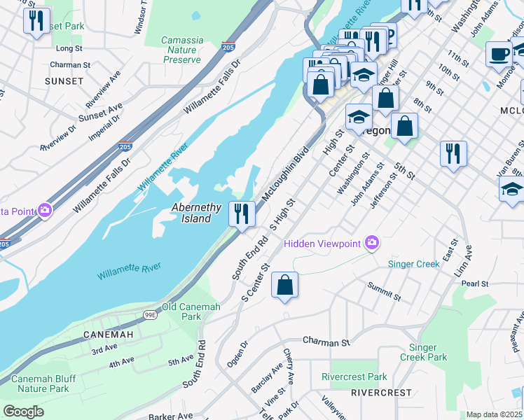 map of restaurants, bars, coffee shops, grocery stores, and more near 211 Tumwater Drive in Oregon City