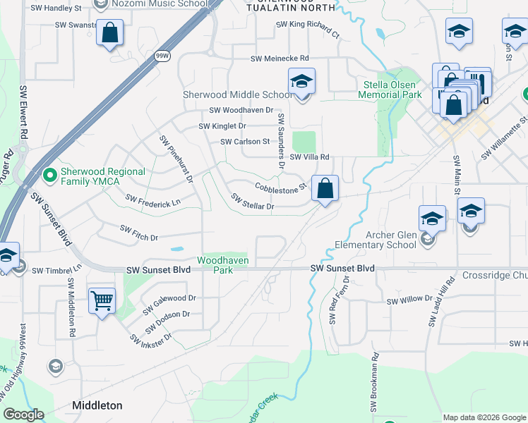 map of restaurants, bars, coffee shops, grocery stores, and more near 16909 Southwest Stellar Drive in Sherwood