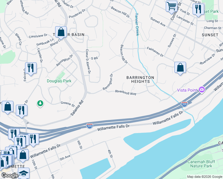 map of restaurants, bars, coffee shops, grocery stores, and more near 3405 Riverknoll Way in West Linn
