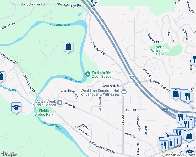map of restaurants, bars, coffee shops, grocery stores, and more near 2410 Michael Drive in West Linn