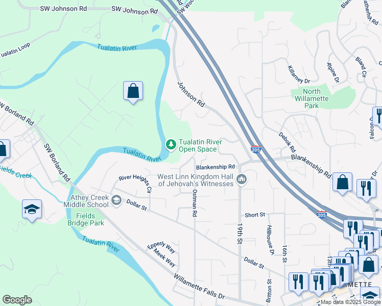 map of restaurants, bars, coffee shops, grocery stores, and more near 2410 Michael Drive in West Linn