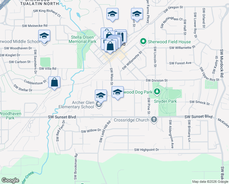 map of restaurants, bars, coffee shops, grocery stores, and more near 15992 Southwest Madrona Lane in Sherwood