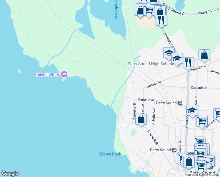 map of restaurants, bars, coffee shops, grocery stores, and more near 11A Salt Dock Road in Parry Sound