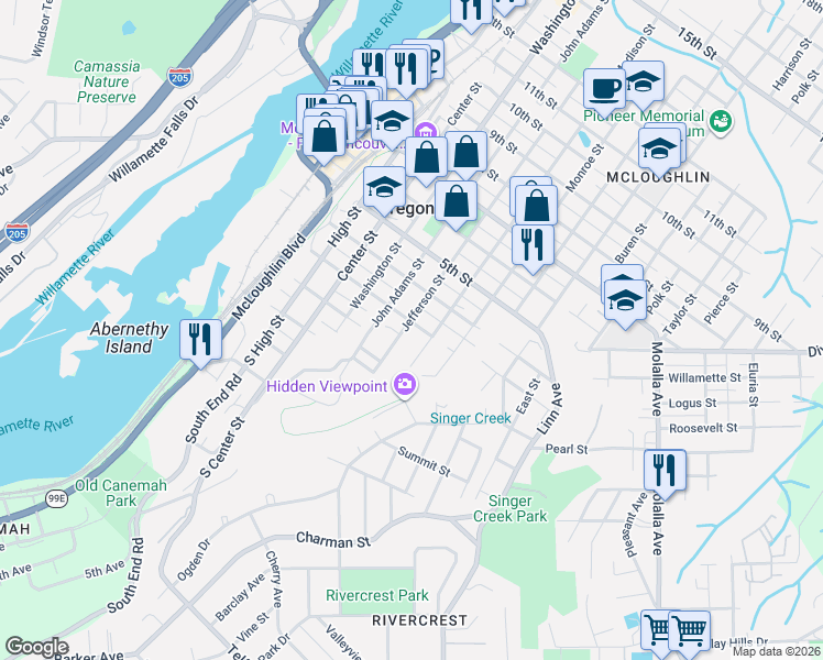 map of restaurants, bars, coffee shops, grocery stores, and more near 222 Jefferson Street in Oregon City