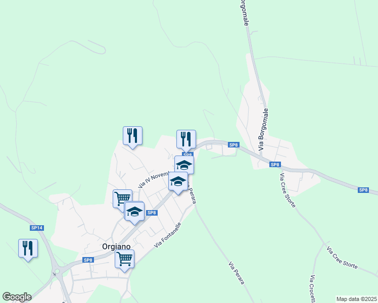 map of restaurants, bars, coffee shops, grocery stores, and more near 24 Strada Provinciale 8 in Orgiano