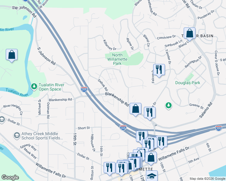 map of restaurants, bars, coffee shops, grocery stores, and more near 935 Springtree Ln in West Linn