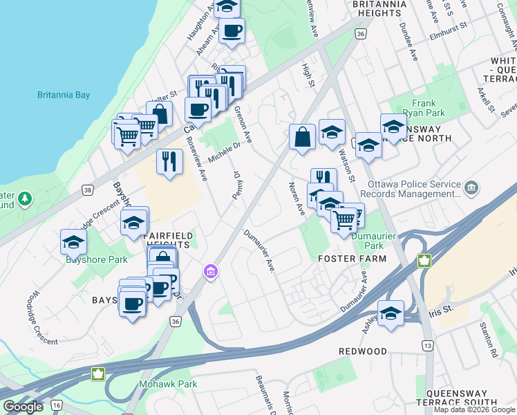 map of restaurants, bars, coffee shops, grocery stores, and more near 2982 Richmond Road in Ottawa