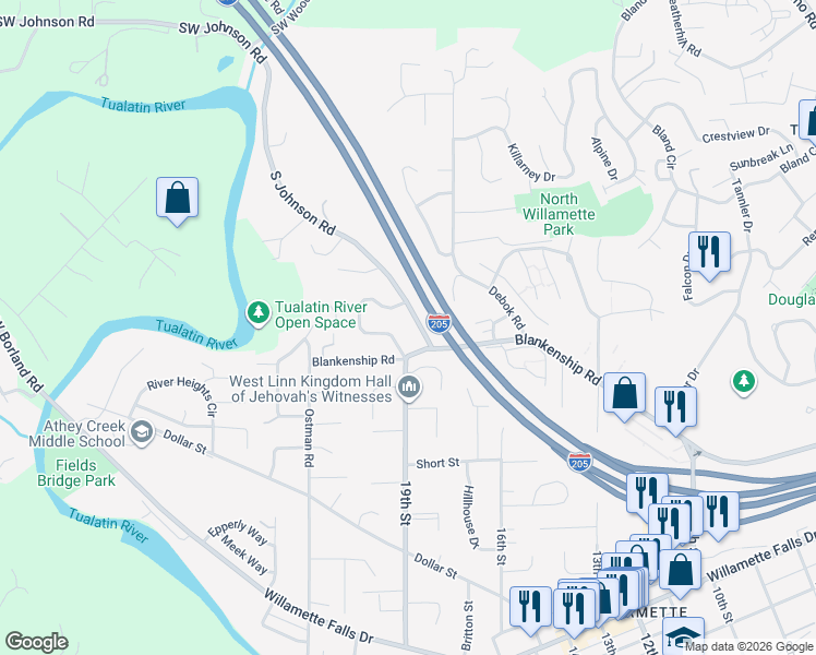 map of restaurants, bars, coffee shops, grocery stores, and more near 23835 Johnson Road in West Linn