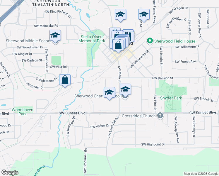 map of restaurants, bars, coffee shops, grocery stores, and more near 23077 Southwest Main Street in Sherwood