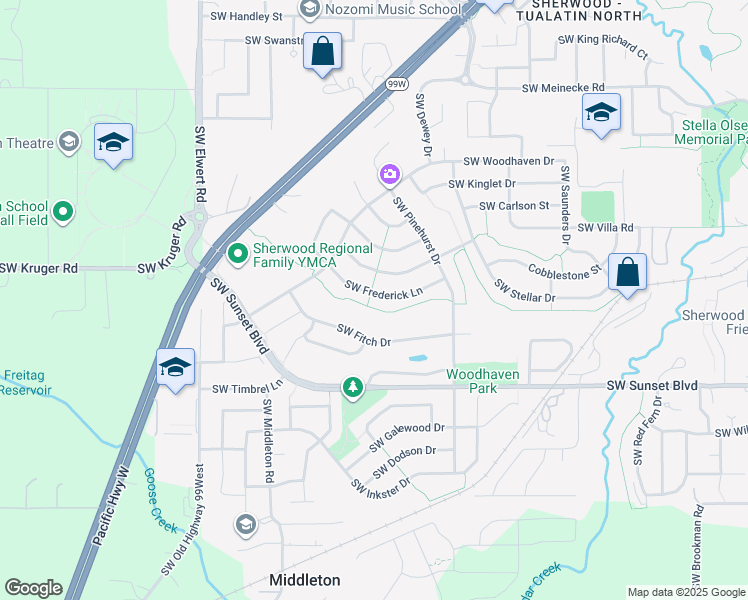 map of restaurants, bars, coffee shops, grocery stores, and more near 17828 Southwest Frederick Lane in Sherwood