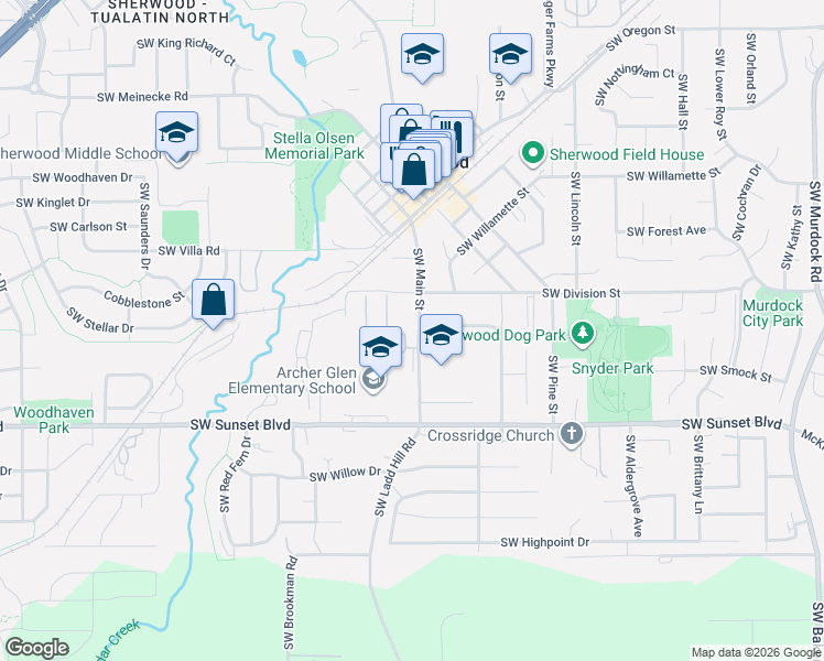 map of restaurants, bars, coffee shops, grocery stores, and more near 23065 Southwest Main Street in Sherwood