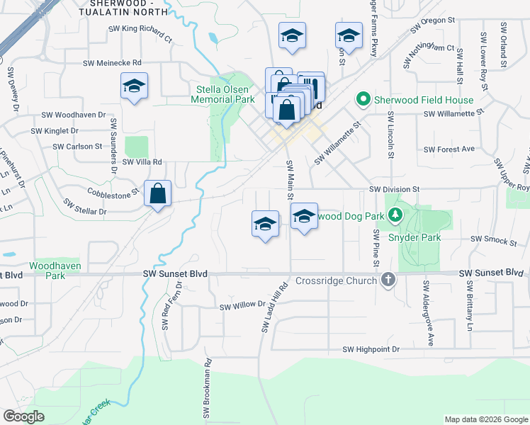 map of restaurants, bars, coffee shops, grocery stores, and more near 23051 Southwest Main Street in Sherwood