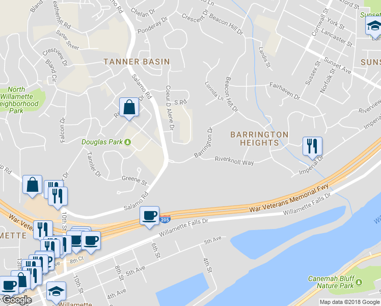 map of restaurants, bars, coffee shops, grocery stores, and more near 3345 Barrington Drive in West Linn