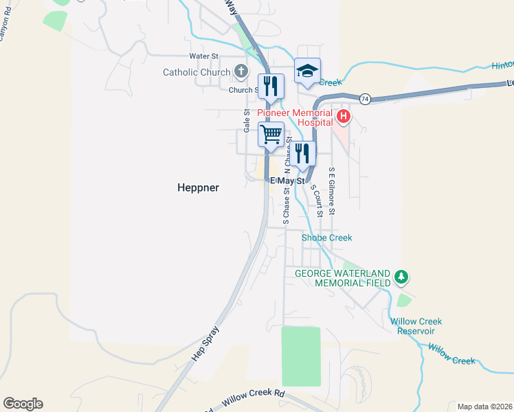 map of restaurants, bars, coffee shops, grocery stores, and more near 265 Main Street in Heppner