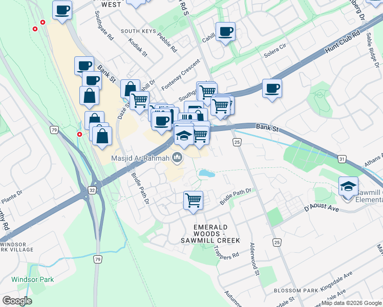 map of restaurants, bars, coffee shops, grocery stores, and more near 2446 Bank Street in Ottawa