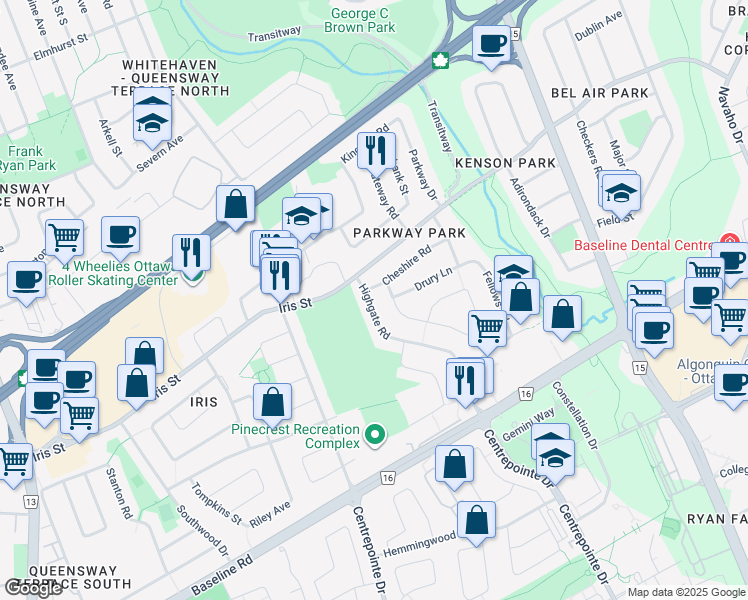 map of restaurants, bars, coffee shops, grocery stores, and more near 1255 Highgate Road in Ottawa