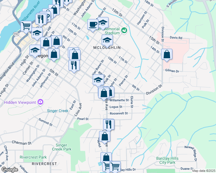 map of restaurants, bars, coffee shops, grocery stores, and more near 1515 7th Street in Oregon City